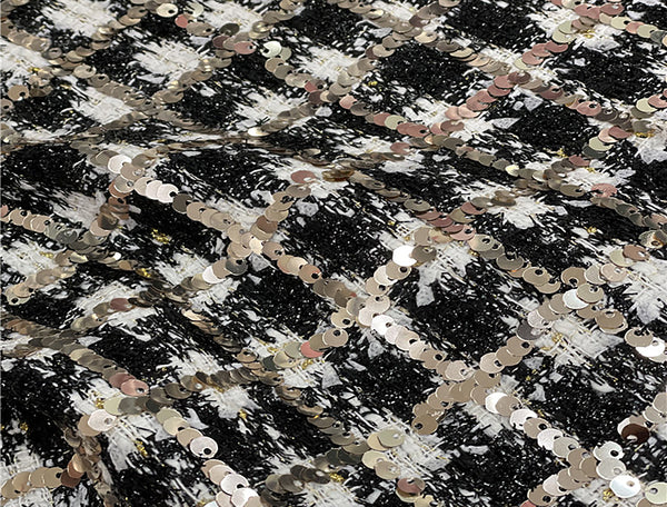 Black  White w/Light Gold Sequins - Lined French Tweed -146 cm Wide.