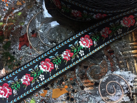 Multi Color Floral Bouquet on Black  Background  - Embroidered Jacquard Ribbon - 1 1/4"  Wide.