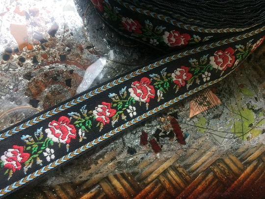 Multi Color Floral Bouquet on Black  Background  - Embroidered Jacquard Ribbon - 1 1/4"  Wide.