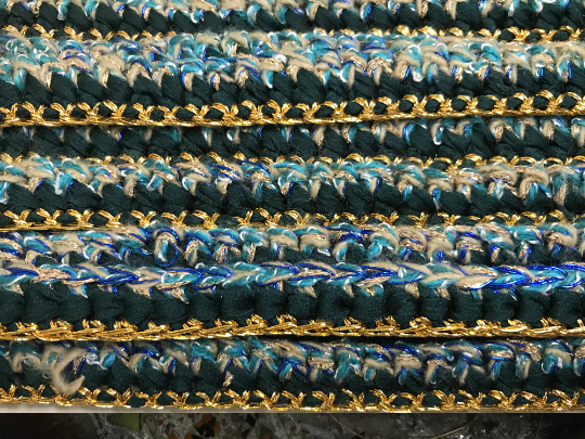 Shades of Blue/Teal/Tans/Gold Hand Made Crocheted French Braid Trim -  6/8" Wide.