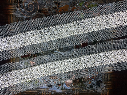 Milk White Glass Beads on Netting - Hand Made  3.5  cm Wide Trim.