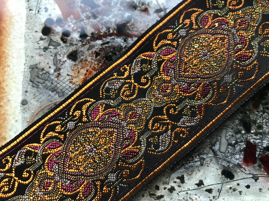 Coffee Raspberry and Gold on Brown Background - Embroidered Jacquard Ribbon - 1 7/8"  Wide.
