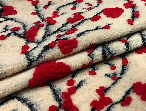 Red and Black Floral on Ivory/Blush Background - Italian Woolen - 150 cm Wide.