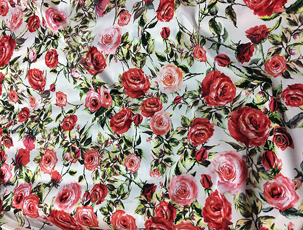 Shades of Red/Green Floral Print on White Background - Italian Georgette Mulberry Silk - 116 cm Wide.
