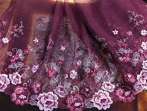 Shades of Pink on Wine  - Embroidered Soft Tulle Lace - 25 cm Wide, Imported