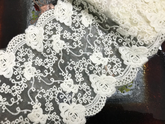 Ivory Double Edge Embroidered Organza Lace -17 cm  Wide.