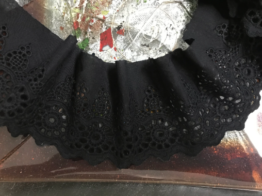 Black Embroidery on Black Background -  Broderie Anglaise Lace on  Swiss Cotton Voile. - 10 cm Wide.