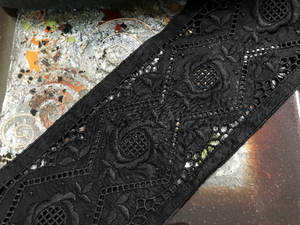 Black Floral Broderie Anglaise Insert on Swiss Black Voile - 11.5 cm Wide.