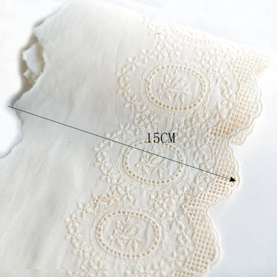 Beige Broderie Anglaise  on Swiss Cotton Voile - 15 cm Wide, Imported