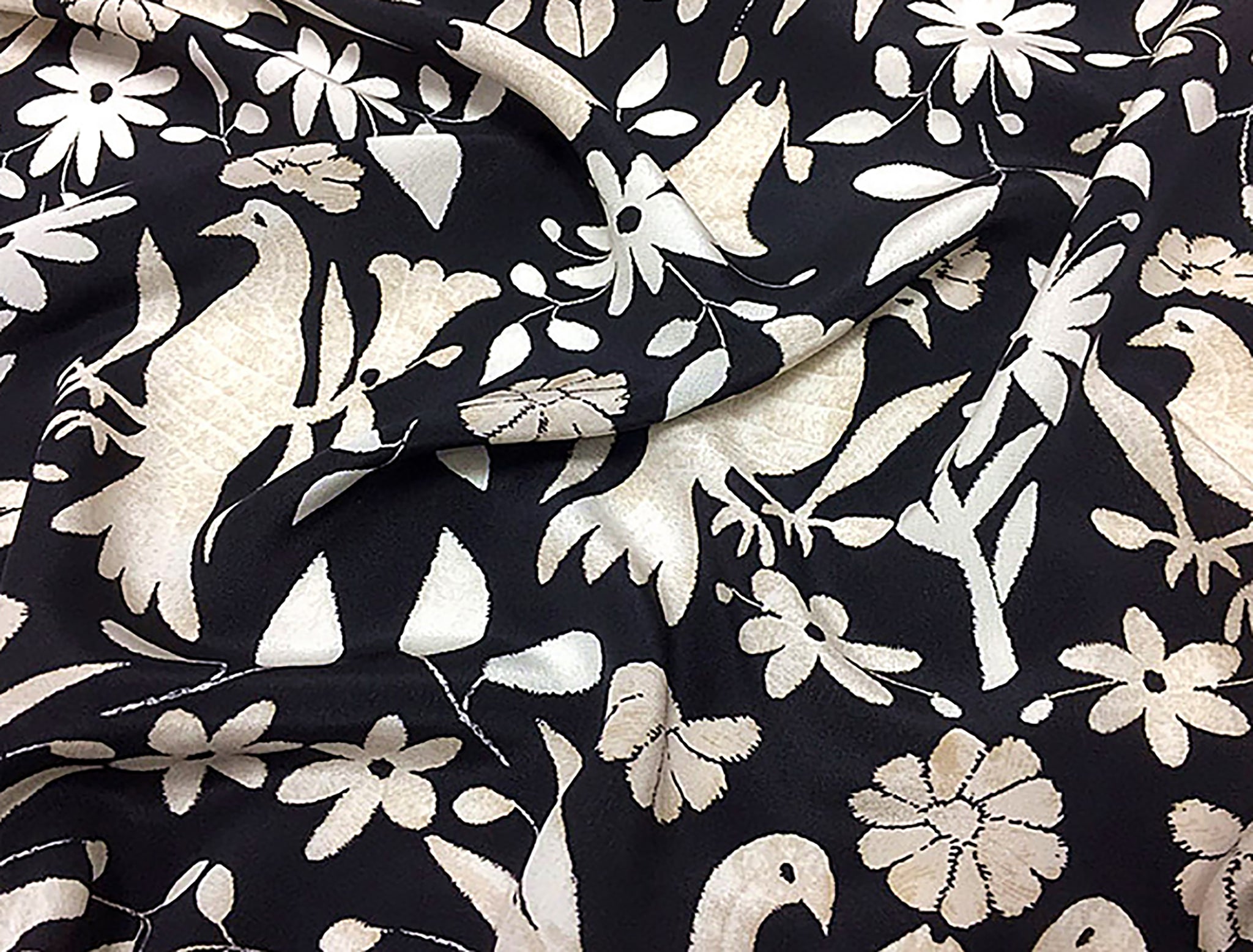Off White/Beige Birds Floral Print on Black Background- Mulberry Silk Crepe de Chine - 16 MM,  152 cm Wide