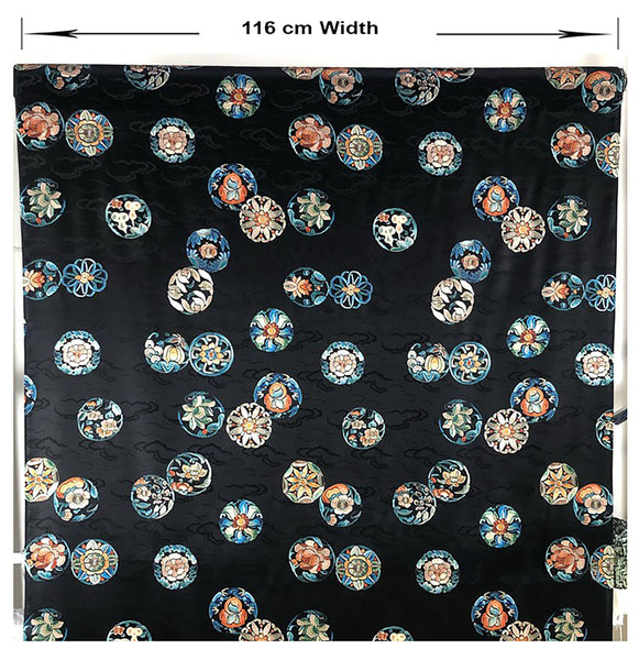 Multi Color Medallions on Black with Clouds Background  -  Italian Stretch Silk Jacquard Satin- 116 cm Wide - WIKILACES