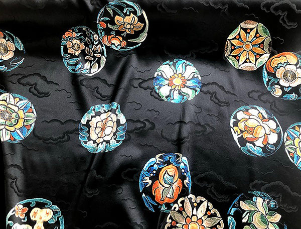 Multi Color Medallions on Black with Clouds Background  -  Italian Stretch Silk Jacquard Satin- 116 cm Wide - WIKILACES
