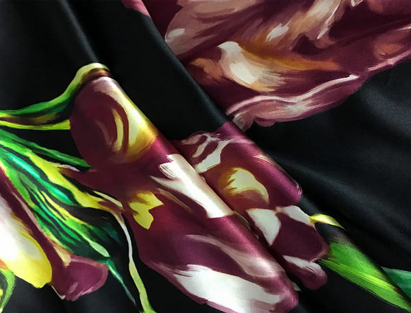 Multi Color Floral on Black Background - Italian Stretch Silk Satin - 108 cm Wide.