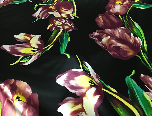 Multi Color Floral on Black Background - Italian Stretch Silk Satin - 108 cm Wide.