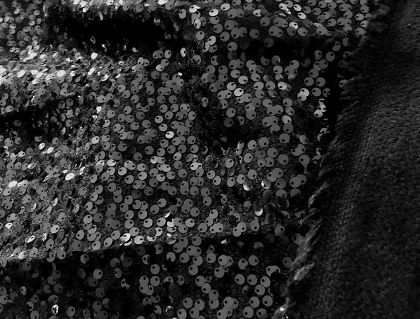 Black Sequined Wool French Tweed - 146 cm Wide.