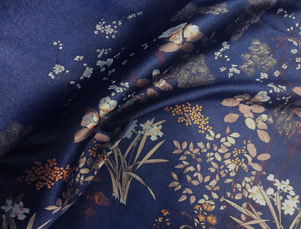 Multi Colors Floral on a Dark Blue Background -  Italian Jacquard Fabric - Sold by Sections of 132 cm Length x 169 cm Width.