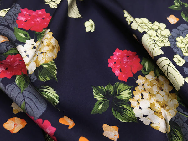 Multi Color Hydrangeas Floral Print on Navy Blue  Background - 19 MM - Stretch Silk Satin - 108 cm Wide. - WIKILACES