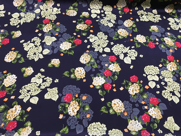 Multi Color Hydrangeas Floral Print on Navy Blue  Background - 19 MM - Stretch Silk Satin - 108 cm Wide. - WIKILACES