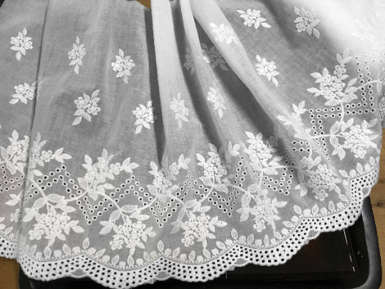 White on White Hydrangeas -  Broiderie Anglaise - Cotton Voile - 32 cm Wide