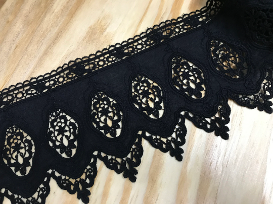 Black Embroidery on Black Background -  Broderie Anglaise Lace on  Swiss Cotton Voile - 15 cm Wide.