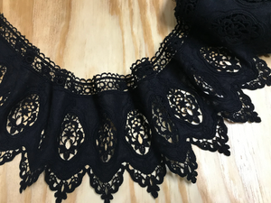 Black Embroidery on Black Background -  Broderie Anglaise Lace on  Swiss Cotton Voile - 15 cm Wide.