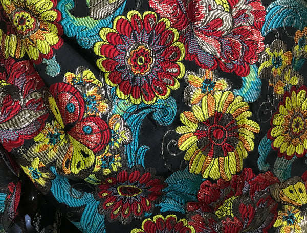 Multi Color Floral on Black Background - Italian Jacquard Fabric - 145 cm Wide