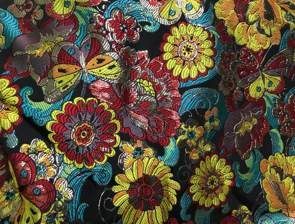 Multi Color Floral on Black Background - Italian Jacquard Fabric - 145 cm Wide