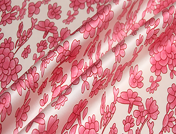Shades of Pink/Red Floral on Natural White Background - Italian Stretch Silk Satin - 19 MM - 106 cm Wide.