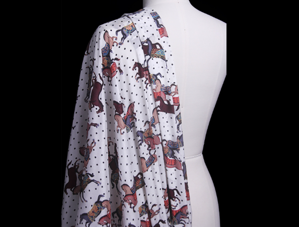 Multi Color Horses Print on Natural White Background - Mulberry Silk Double Crepe de Chine - 16 MM,  110 cm Wide
