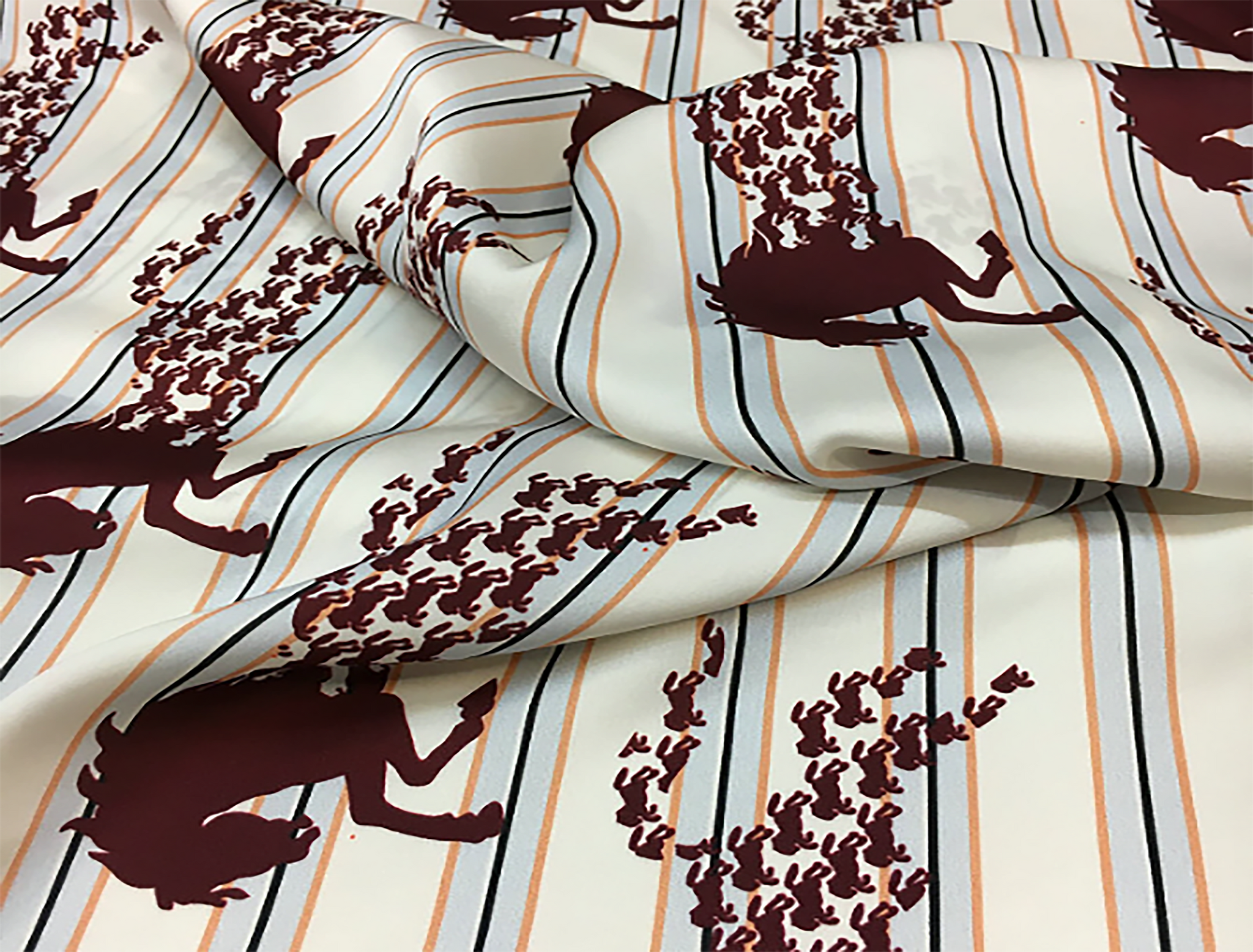 Maroon w/Blue-Gold Stripes Horse Print on Off White  Background - Stretch  Silk Satin 16 MM - 138 cm Wide.