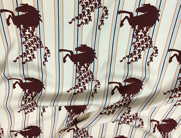 Maroon w/Blue-Gold Stripes Horse Print on Off White  Background - Stretch  Silk Satin 16 MM - 138 cm Wide.