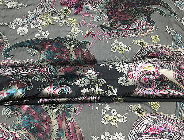Multi Color Floral/Paisley on Black Background - Italian Silk Burnout - 18 MM -117 cm Wide.