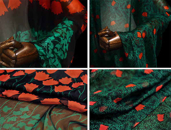Green and Red/Orange Floral  - Italian 100%  Mulberry Silk Chiffon - 9 MM, Imported.