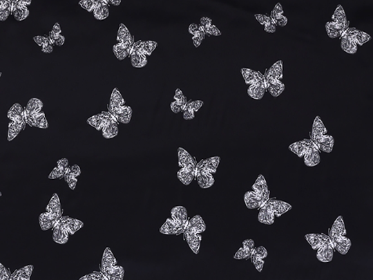 White Butterflies on Black  Background - Stretch  Silk Satin 19 MM - 108 cm Wide.