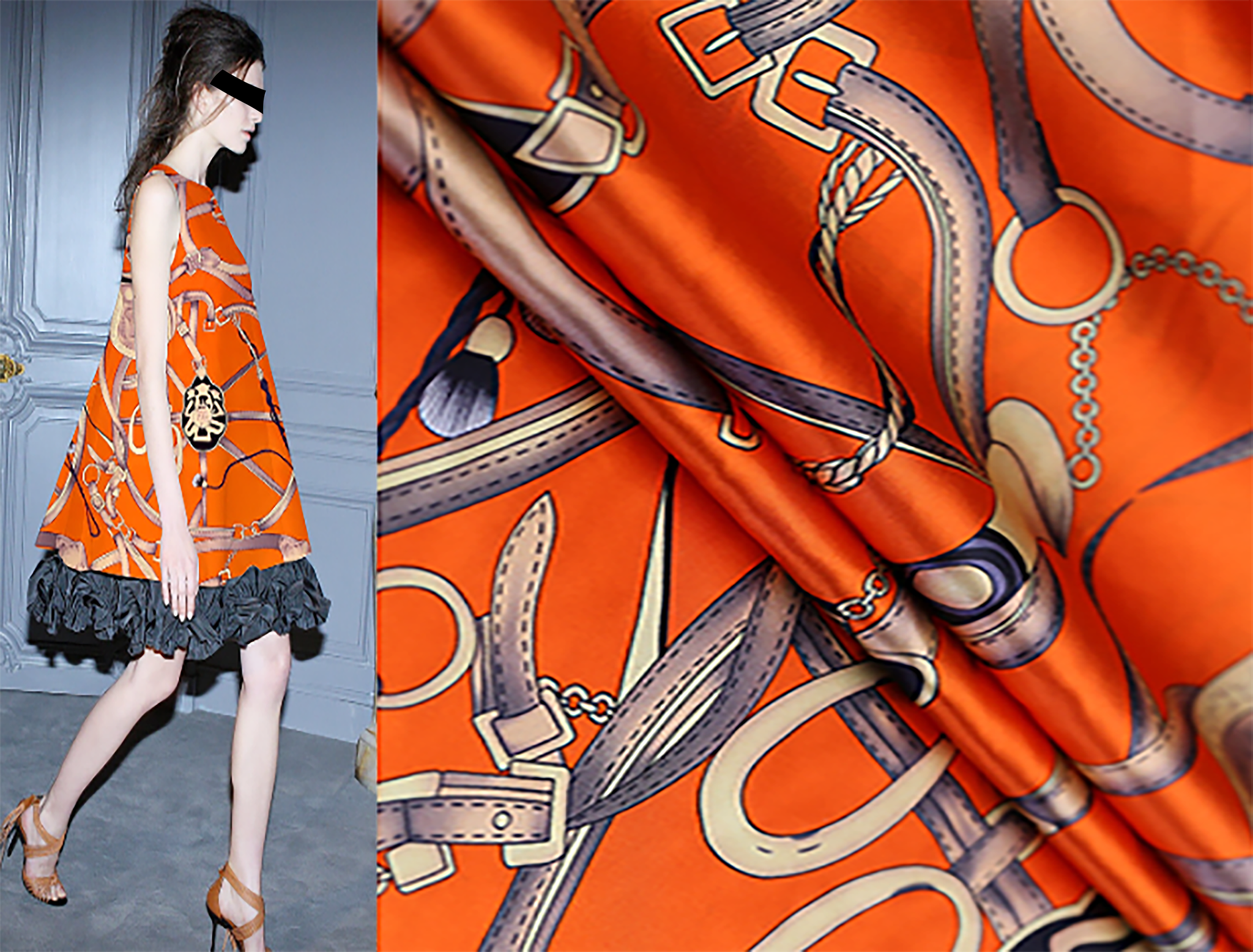 Multi Color  Saddle Print on Orange Background  - Stretch Silk Satin - 108 cm Wide. 19 MM