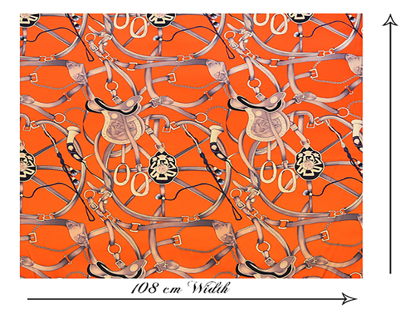 Shades of Grey/Beige Print on Orange Background - Stretch Silk Satin - 19 MM, 108 cm Wide.