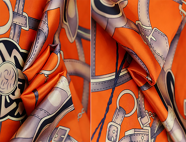 Multi Color  Saddle Print on Orange Background  - Stretch Silk Satin - 108 cm Wide. 19 MM