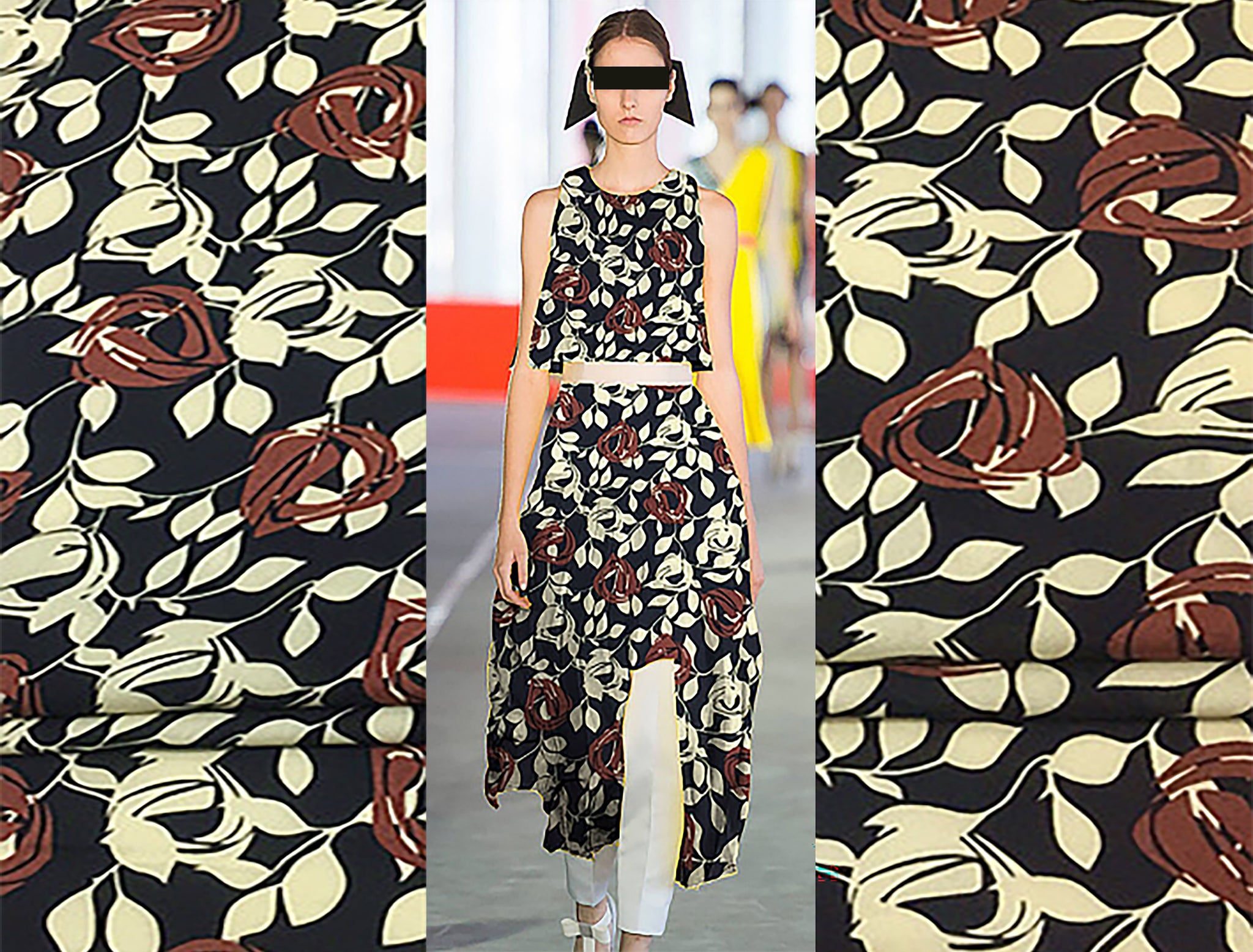Beige/Chocolate Brown Floral on Black Background- Crepe de Chine - 19 MM Weight - 112 cm Wide.