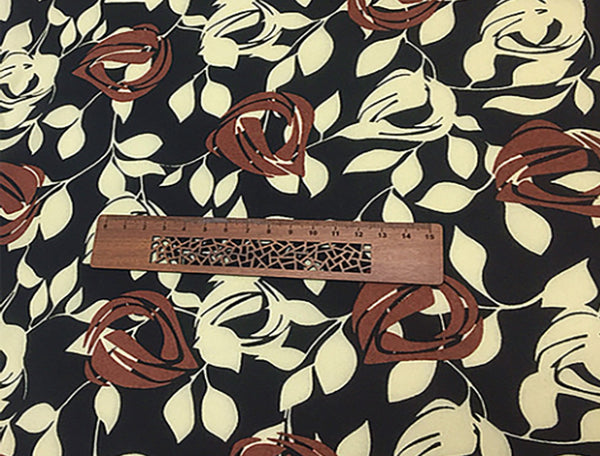 Beige/Chocolate Brown Floral on Black Background- Crepe de Chine - 19 MM Weight - 112 cm Wide.