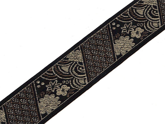 Beige Brown and Gold on Black Background - Embroidered Jacquard Ribbon - 1 6/8"  Wide.