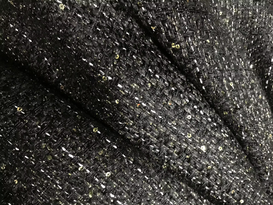 Black/Gold Shimmering Threads and Small Sequins - French Tweed - 150 cm Wide.