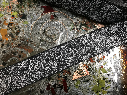 White Paisleys  on Black Background- Embroidered Jacquard -  1 1/2" Wide.
