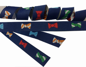 Multi Color Bows on Navy Background Embroidered Jacquard Ribbon - 7/8" Wide.