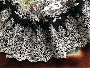 Off White embroidery on Black Background  Cotton Voile - Broderie Anglaise  - 15 cm Wide.