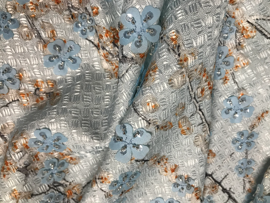 Pale Blue Floral with Flowers Appliques and Glass Beads - French Tweed - 150 cm Wide.