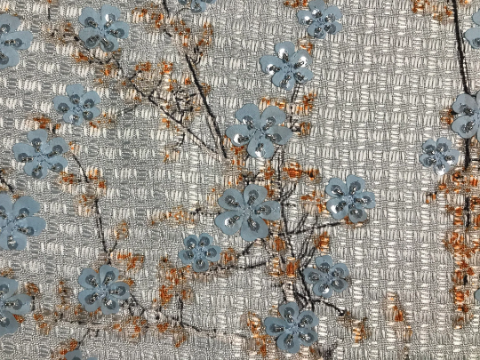 Pale Blue Floral with Flowers Appliques and Glass Beads - French Tweed - 150 cm Wide.