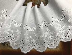 White Embroidery  on Natural White Cotton Voile - Broderie Anglaise - 15 cm Wide.