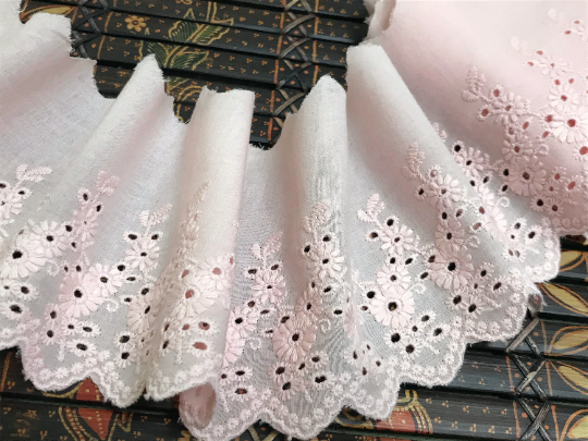 Pink - Broiderie Anglaise  on Cotton Voile - 11 cm Wide.