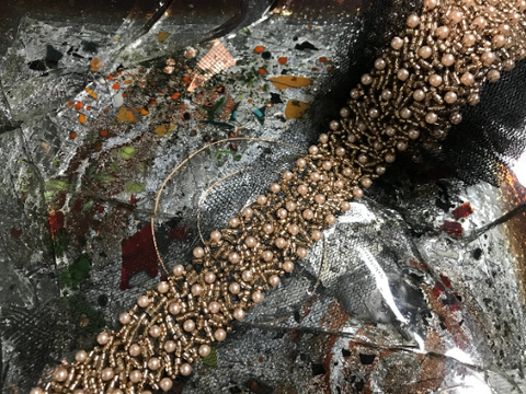 Champagne on Black Tulle -  Handmade Beaded  Trim -  3 cm Wide.