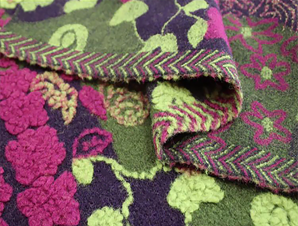 Fuchsia/Green on Purple Background - Italian Boucle Woolen - 150 cm Wide.